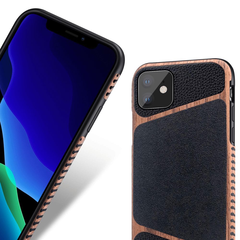iPhone 11 Pro Holz Silikon Leder Etui Braun