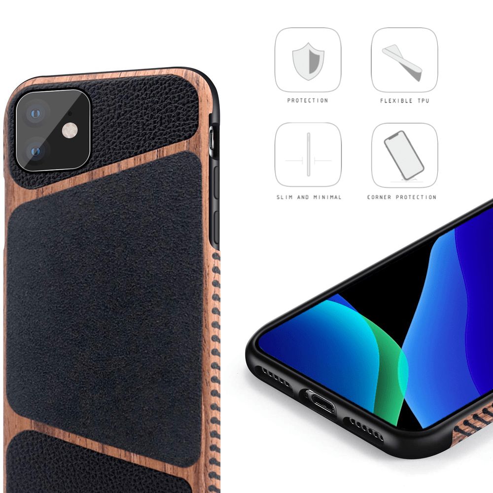 iPhone 11 Pro Holz Silikon Leder Schutzhuelle Braun