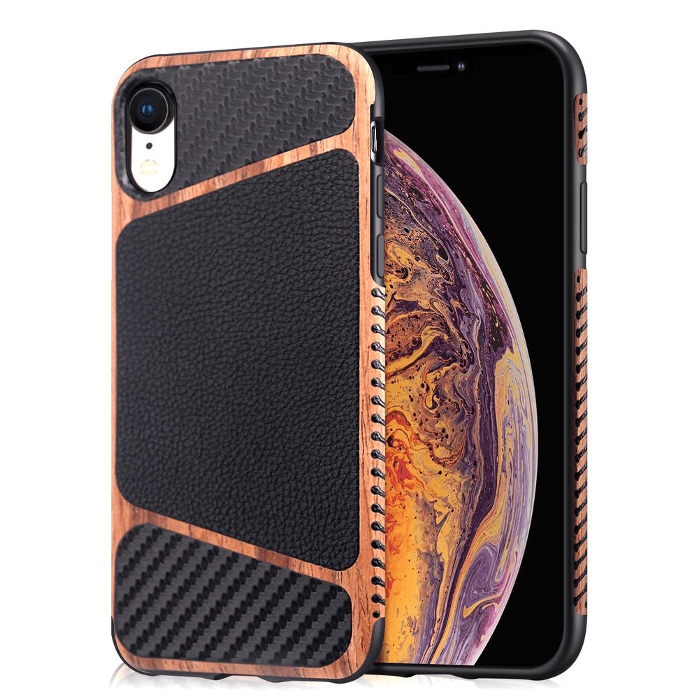 iPhone Xr Holz Silikon Leder Case Braun