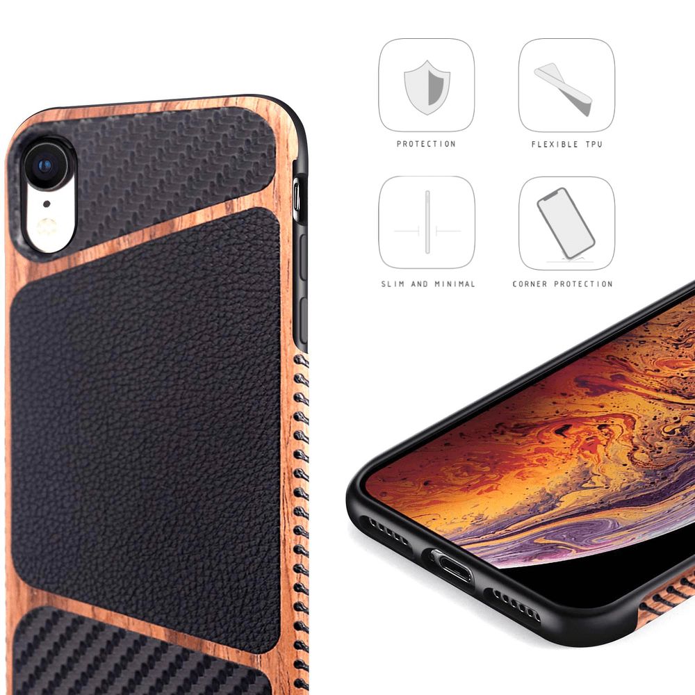iPhone Xr Holz Silikon Leder Schutzhuelle Braun